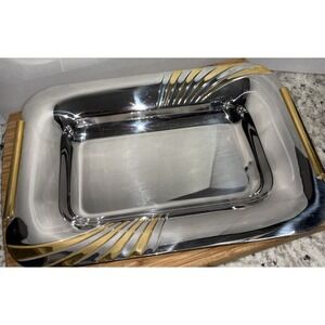 Vintage Inoxbeck Italian Mirror Finish Stainless Steel Server Gold Accents '80's